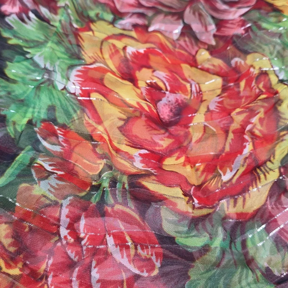 Vibrant Colorful Floral‎ Sheer Scarf Beach Wrap Silver Threads 40in EUC